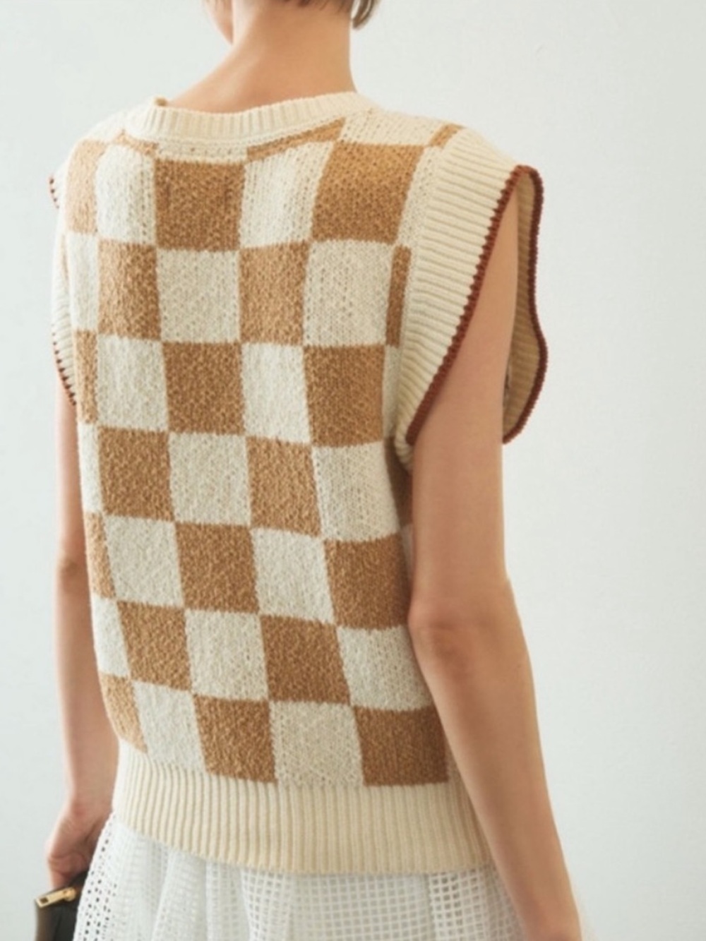 Anthropologie Maeve Checkerboard Knit Sweater Vest in Cream/Tan Size XS - Picture 7 of 13